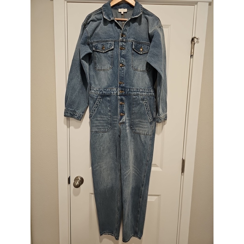 bohme Classic Denim Button-Front Jumpsuit in Medium Blue